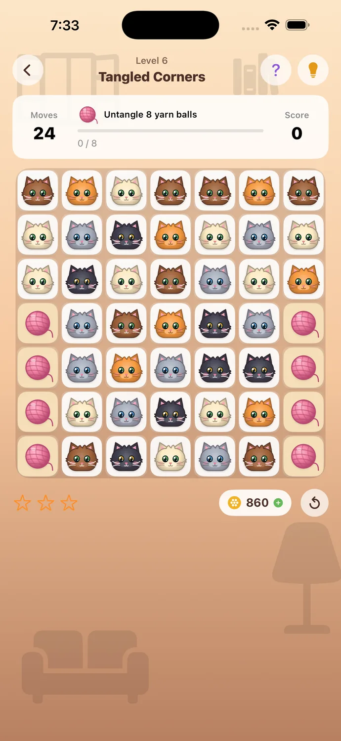 Cat Match level 6, Tangled Corners, a grid of cat tiles and yarn balls