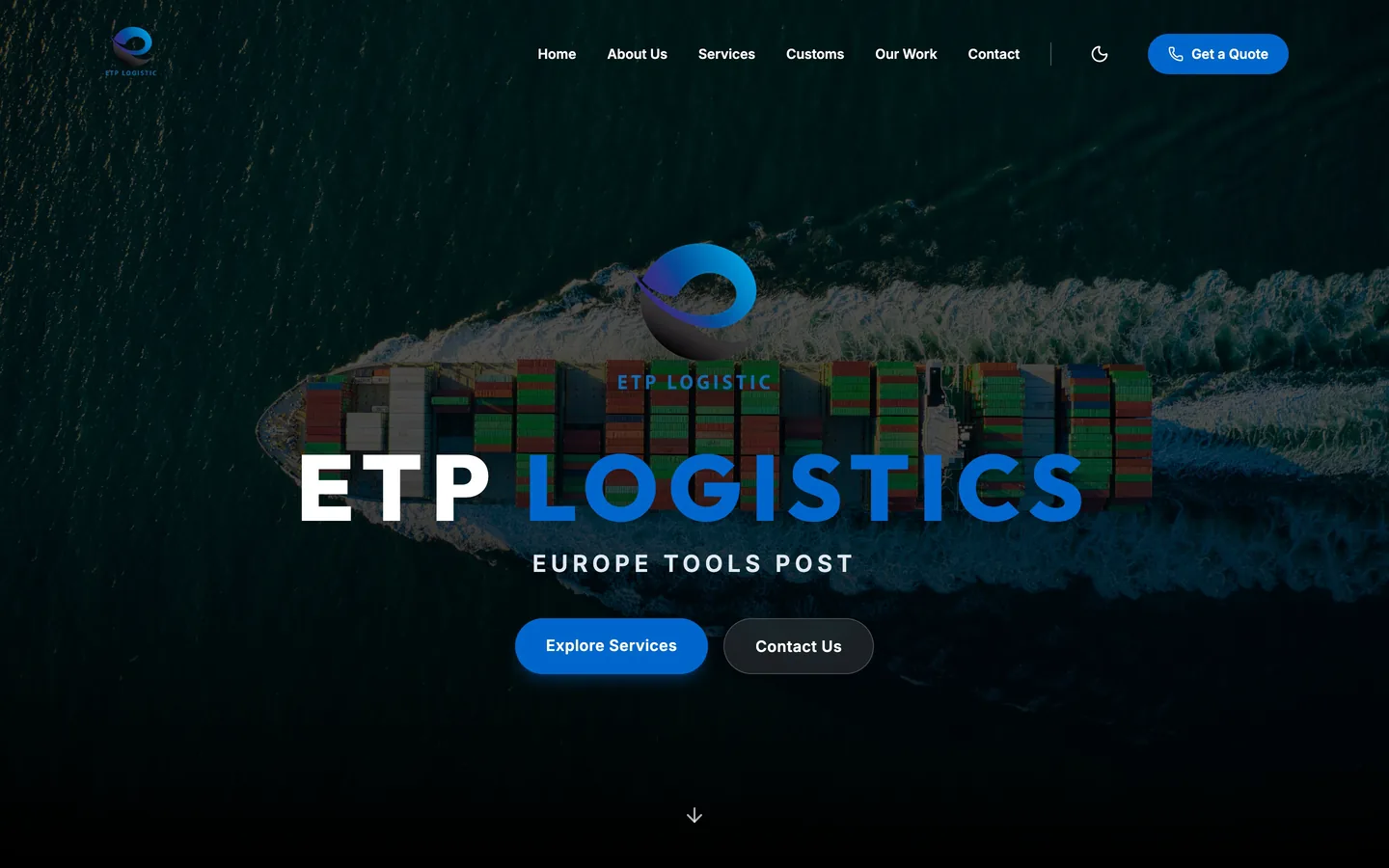 ETP Logistics website hero with an aerial container ship